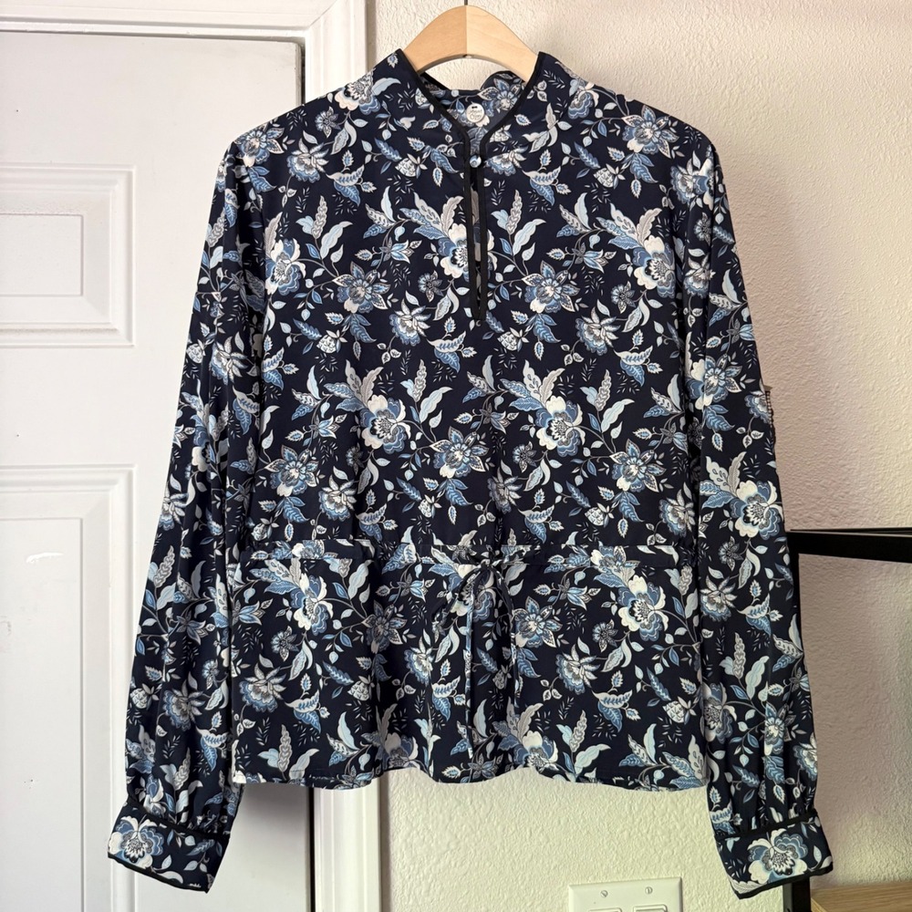 MARGARET O'LEARY navy white floral mandarin tie waist long sleeve blouse top